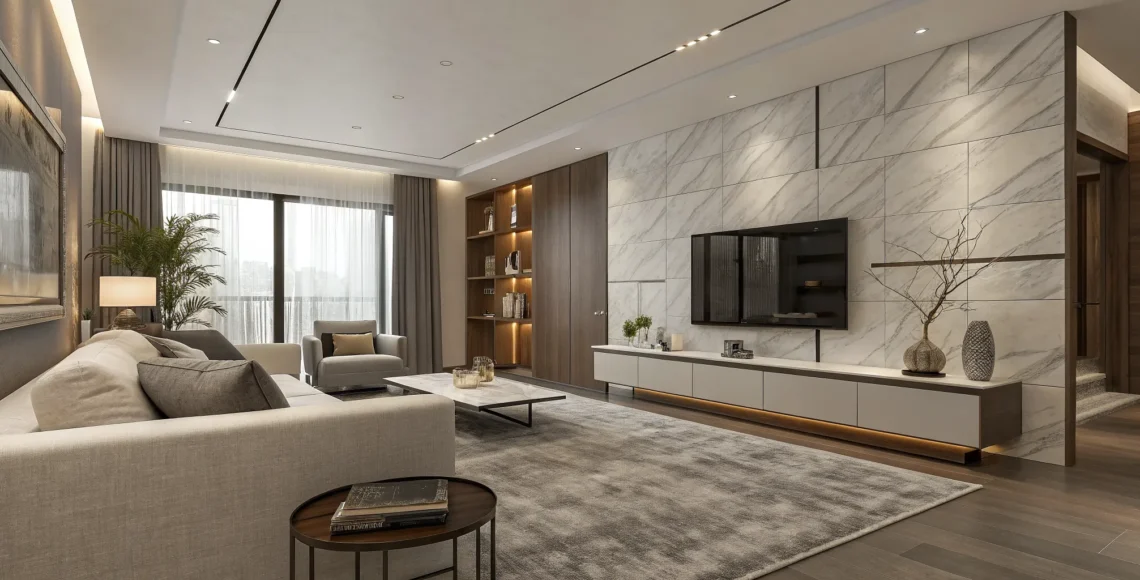 Decor ideas for a modern gray and white living room with a cozy sofa and marble wall.