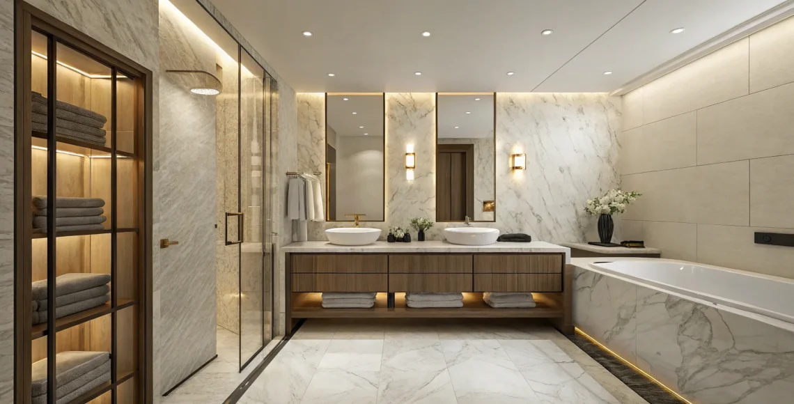 Chic small toilet and bath idea with luxe marble walls, a glass shower, and smart storage.