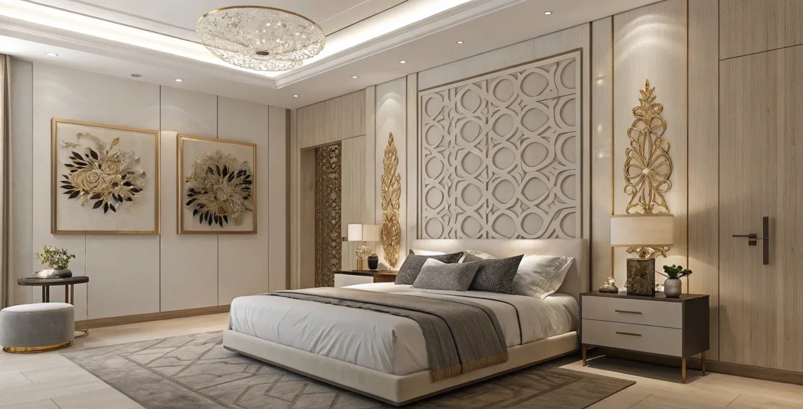 Inspiring bedroom wall decorating ideas with pictures, textures, and modern lighting.