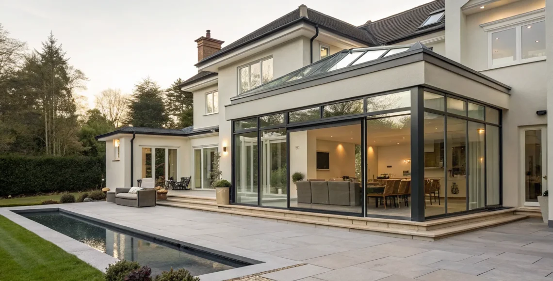 Luxury home addition with glass walls creating seamless indoor-outdoor living next to a modern pool.