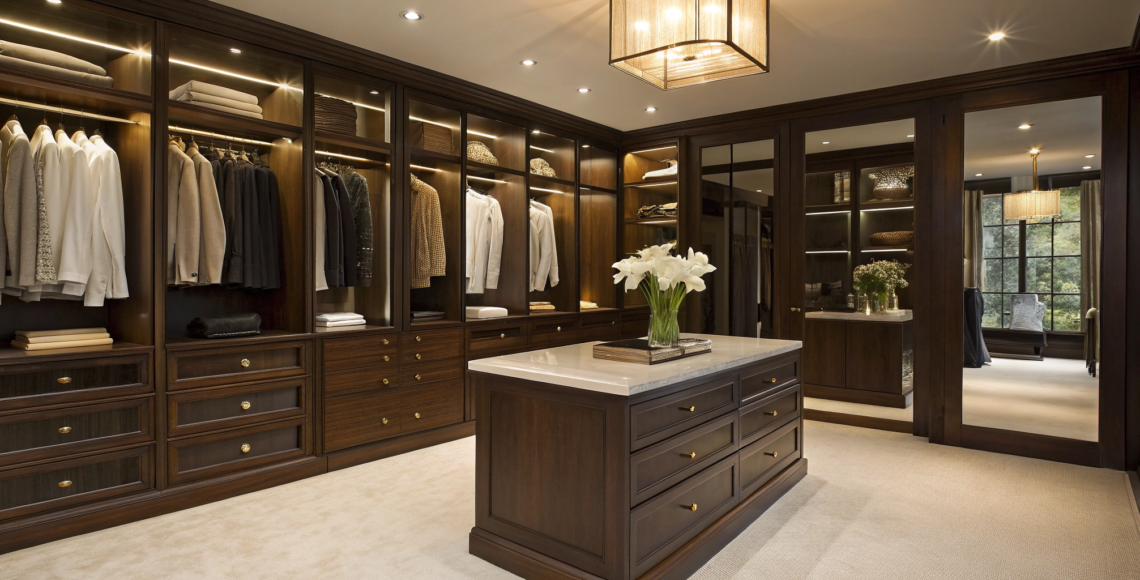 A well-lit custom closet design with dark wood cabinets, an island, and organized storage ideas.