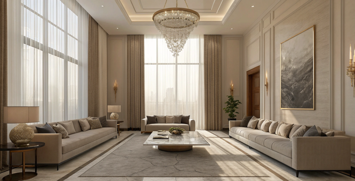 A modern luxury living room featuring high ceilings, a statement chandelier, and elegant furniture in neutral tones.