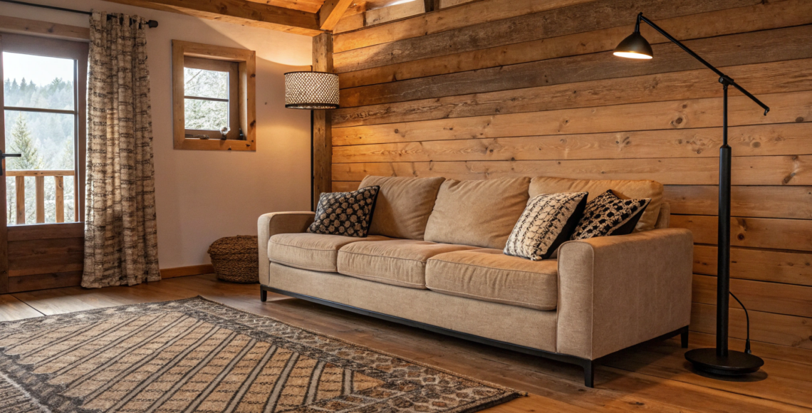 Modern rustic decorating ideas for a living room with a neutral sofa and natural wood elements.