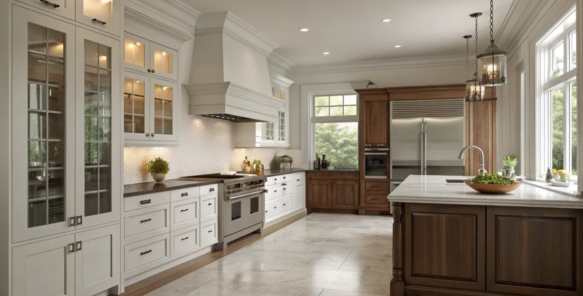 A modern traditional kitchen with white shaker cabinets, a marble island, wood accents, and statement lighting.
