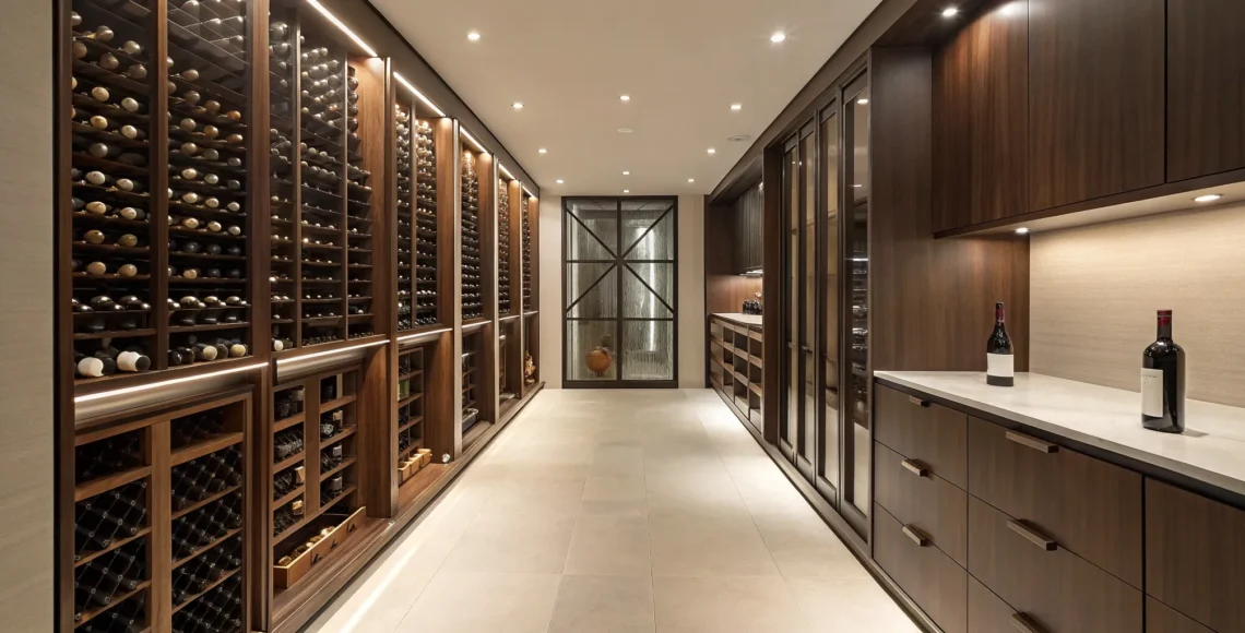 Modern custom wine room design with wood racking, glass doors, and elegant lighting.