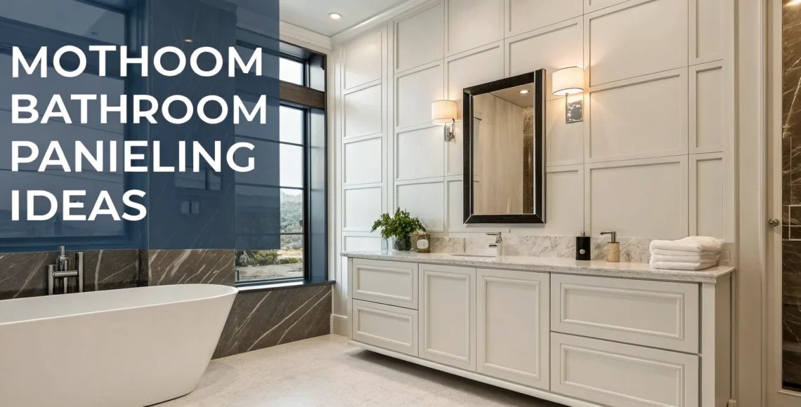 Elegant white bathroom paneling idea with a marble countertop and modern freestanding tub.
