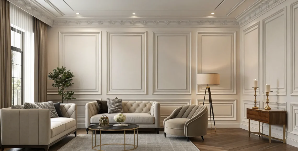 Elegant living room wall molding ideas using picture frame panels and crown molding.