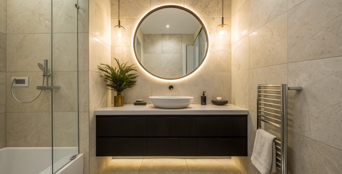 Chic small bathroom wall idea with large tiles, a backlit mirror, and a wall-mounted vanity to save space.