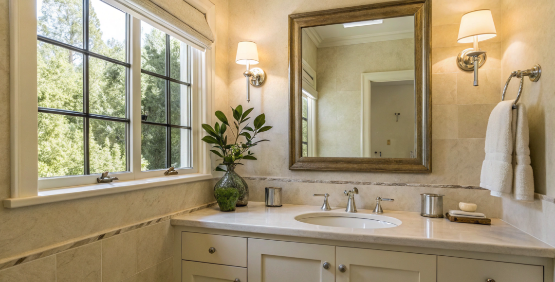 How to decorate a small bathroom with a large mirror over a white vanity to make the space feel bigger.
