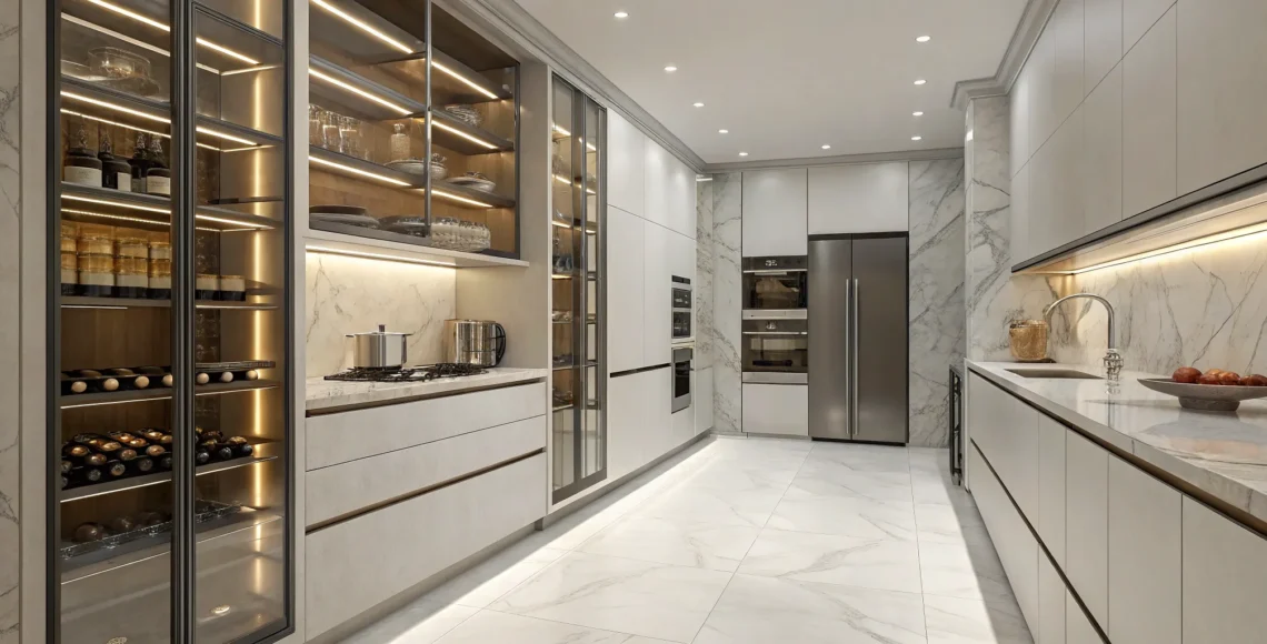Luxury pantry design with custom wood cabinetry, stone countertops, and integrated lighting.
