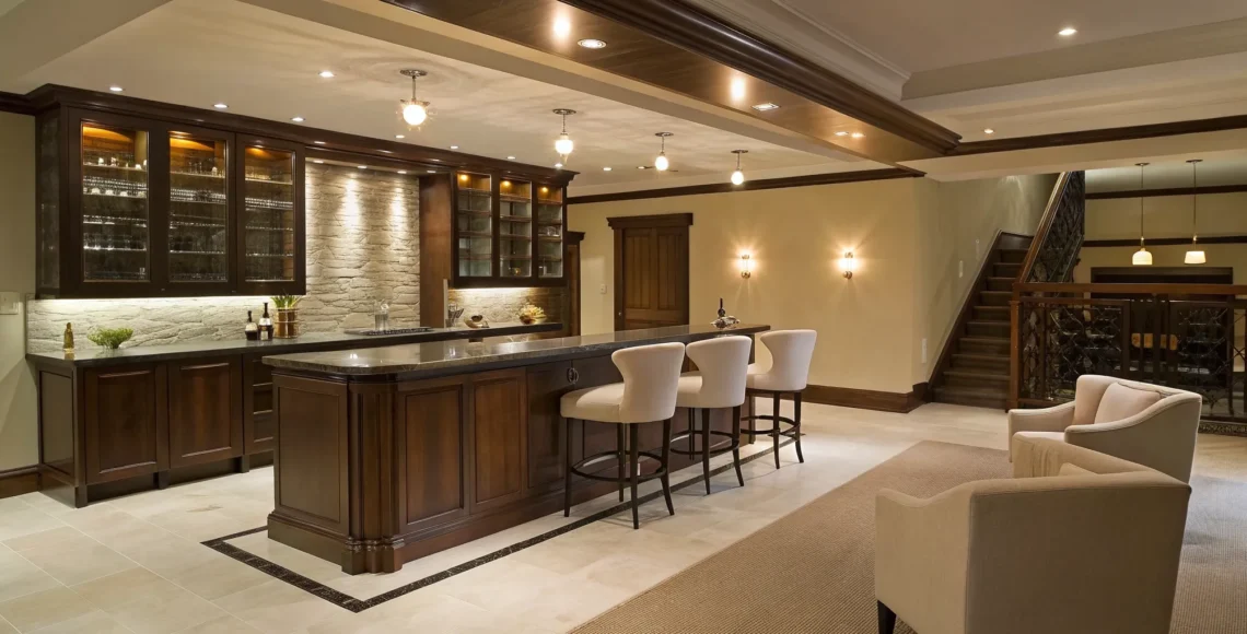 Luxe basement bar design idea with dark wood cabinets, a stone backsplash, and modern island seating.