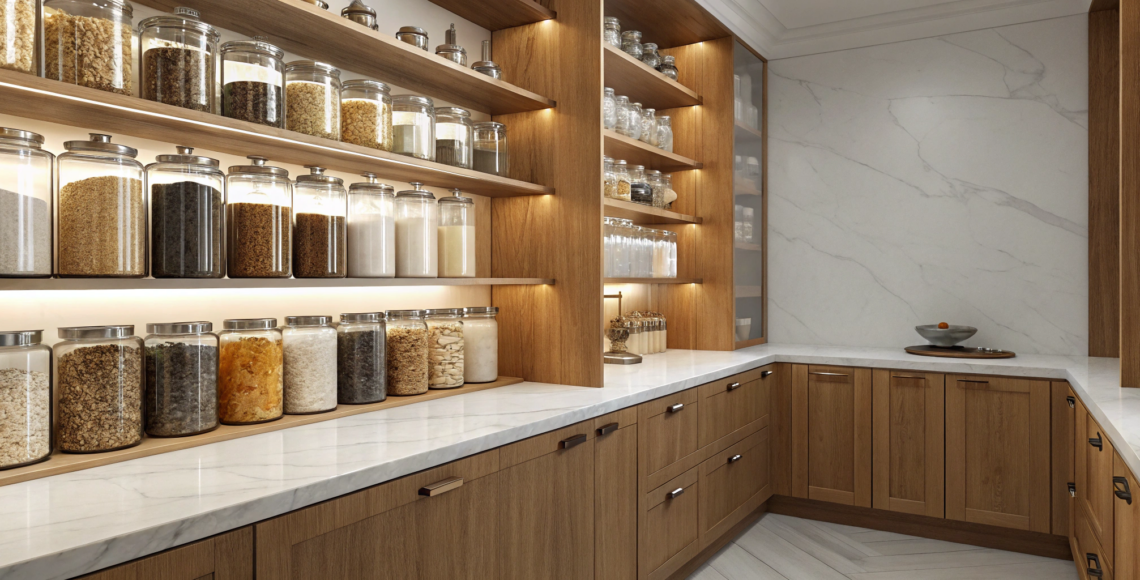 Simple pantry design with organized shelves and clear containers.