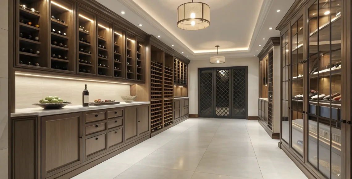 Modern home cellar design with wood and glass wine racks, custom lighting, and a spacious layout.