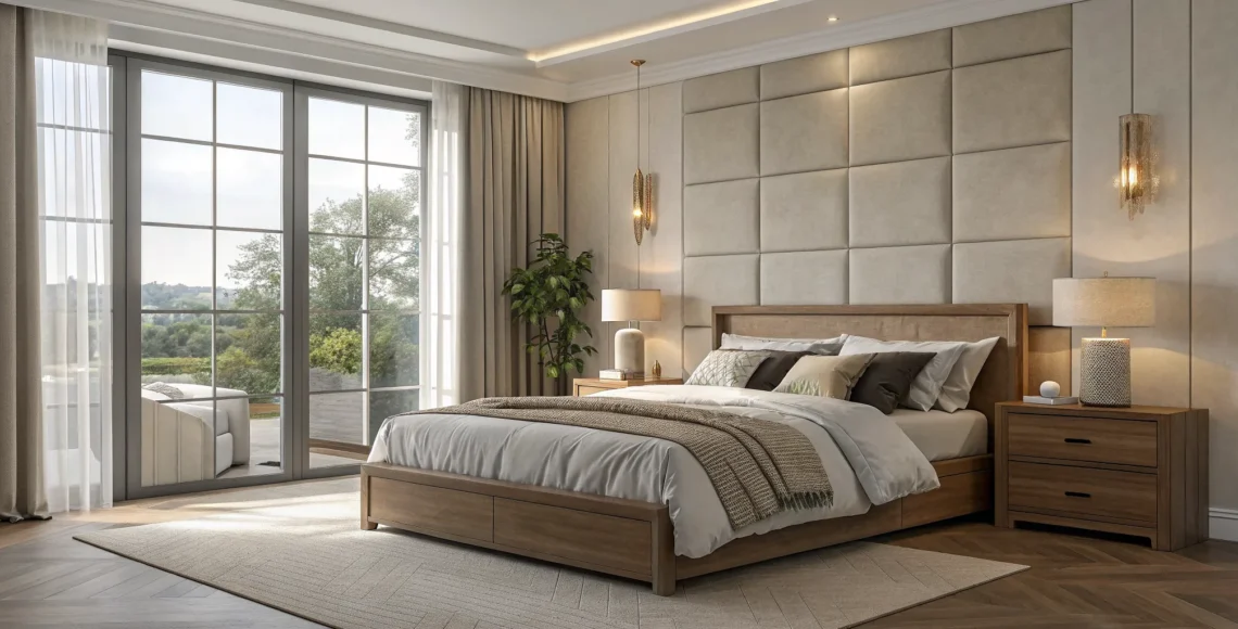 Modern master bedroom furniture featuring a low-profile platform bed and sleek nightstands in a neutral palette.