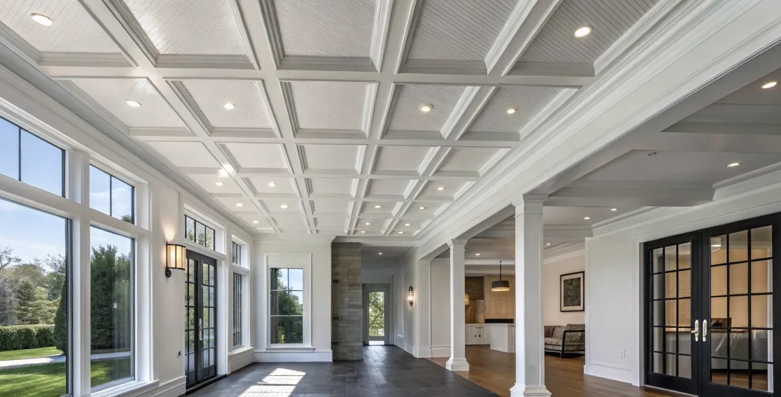 Modern coffered ceiling design with recessed lighting in a residential living room.