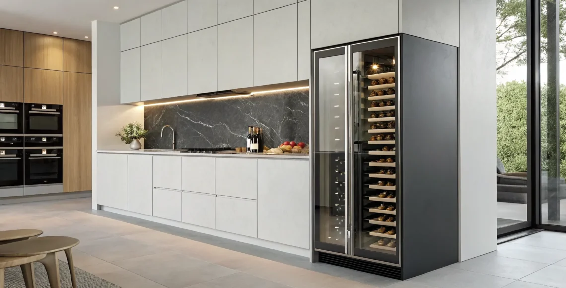 A seamless built-in wine cooler in a modern kitchen, a stylish idea for wine storage.