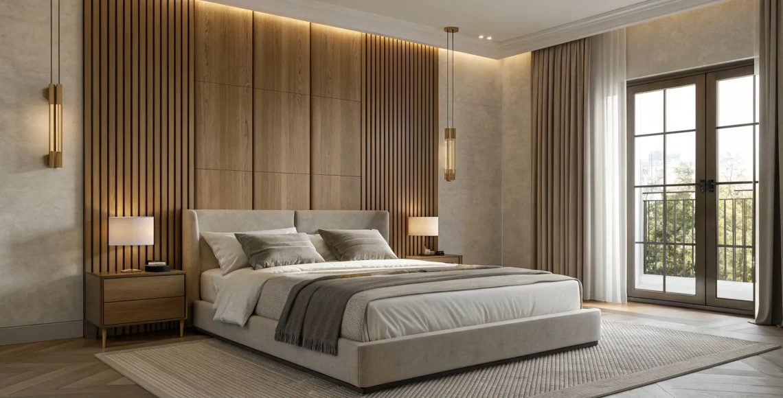 Elegant master bedroom idea with a modern wood accent wall and warm, ambient lighting.