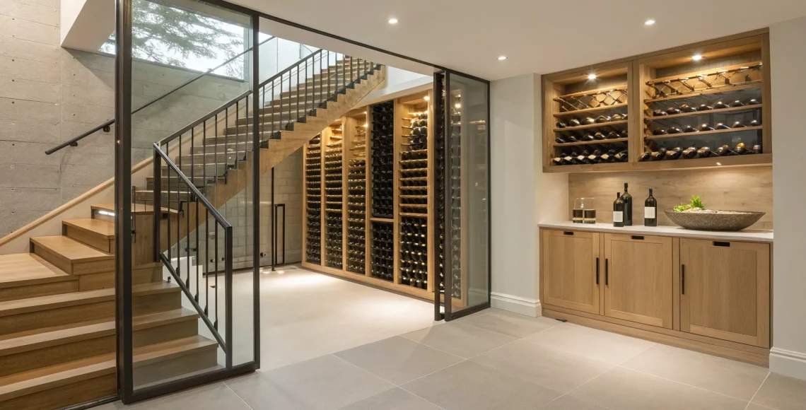 Modern small wine cellar design idea under stairs with glass doors and built-in wooden racks.