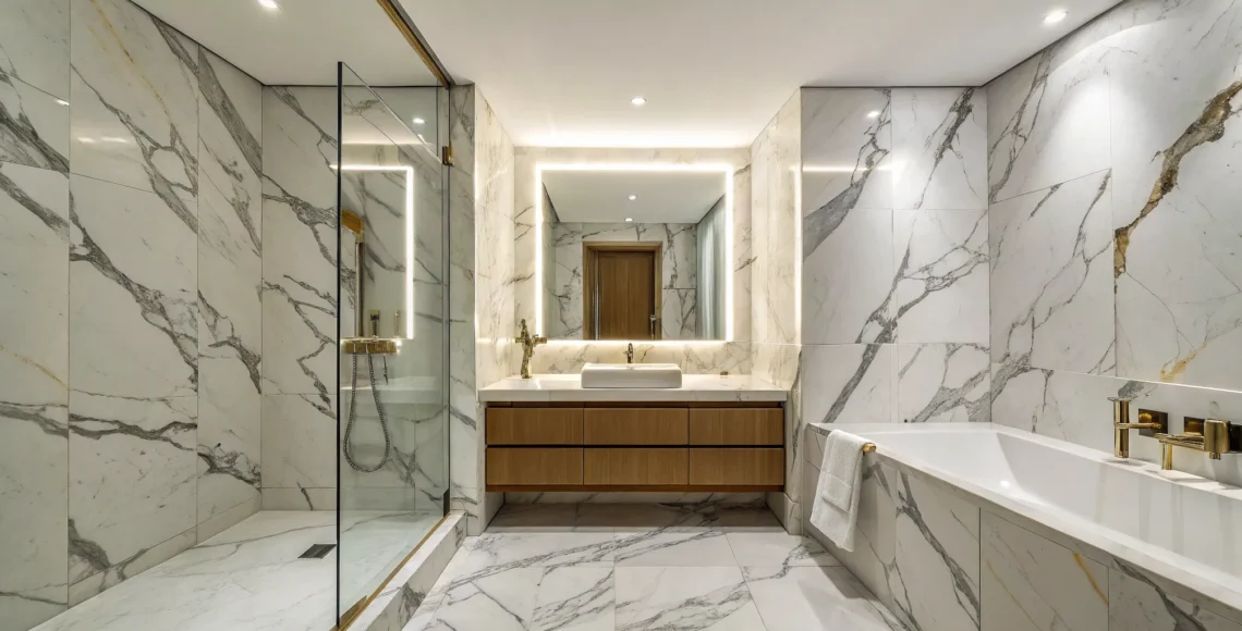 Small luxury bathroom with white marble tile, a floating vanity, glass shower, and gold fixtures.