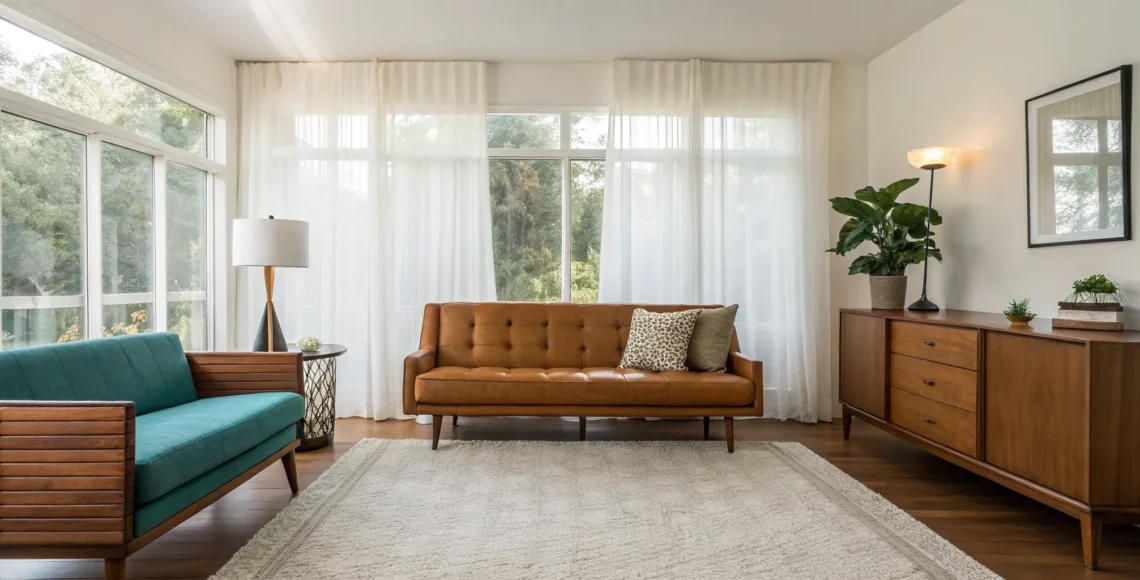 Mid-century modern living room design idea with a leather sofa, wood furniture, and large windows.