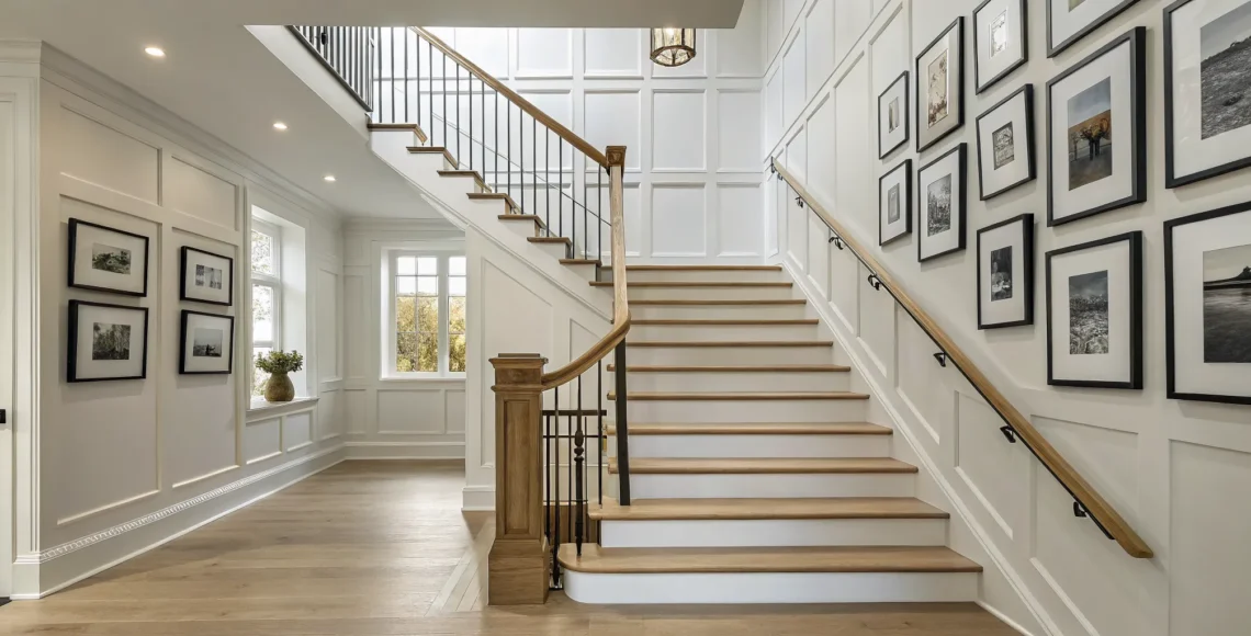 White modern wainscoting lining a staircase with wood steps and framed art.