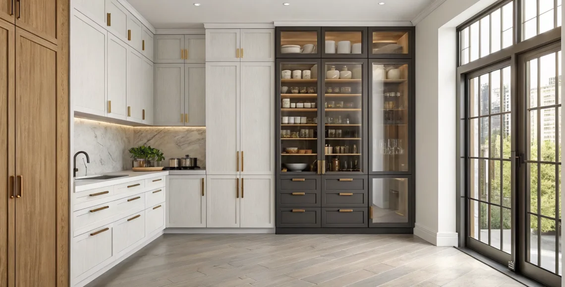 Modern pantry design for small spaces with floor-to-ceiling glass door cabinets.