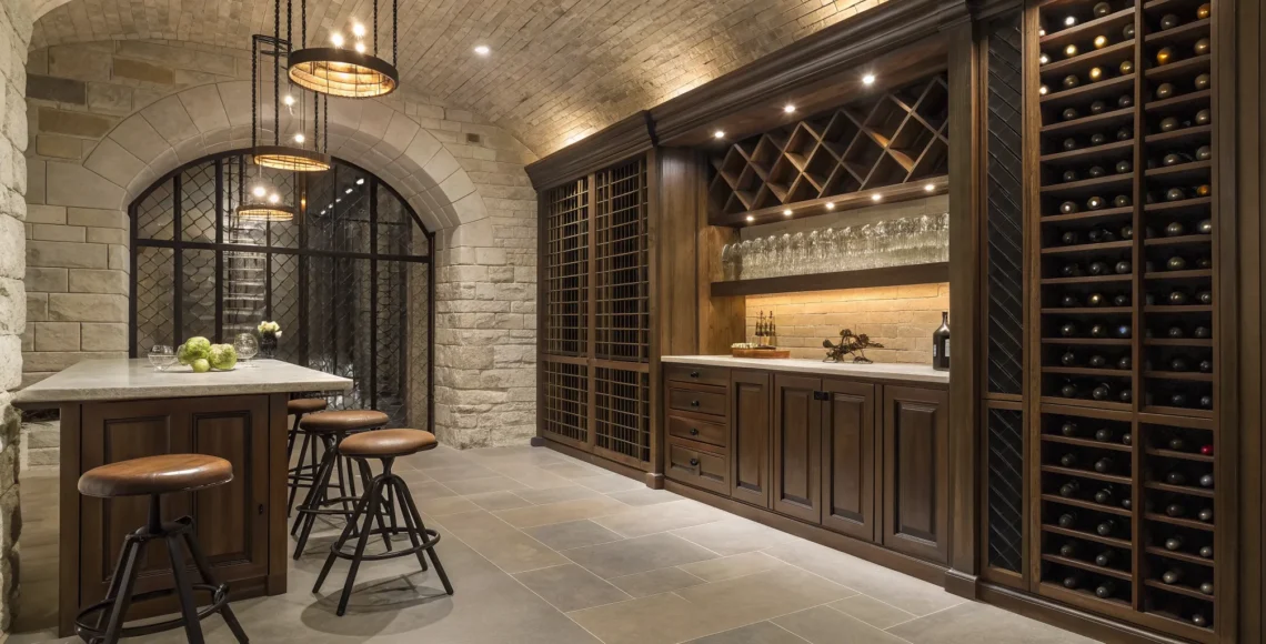 Rustic wine cellar design idea with natural stone walls, custom wood wine racks, and warm lighting.