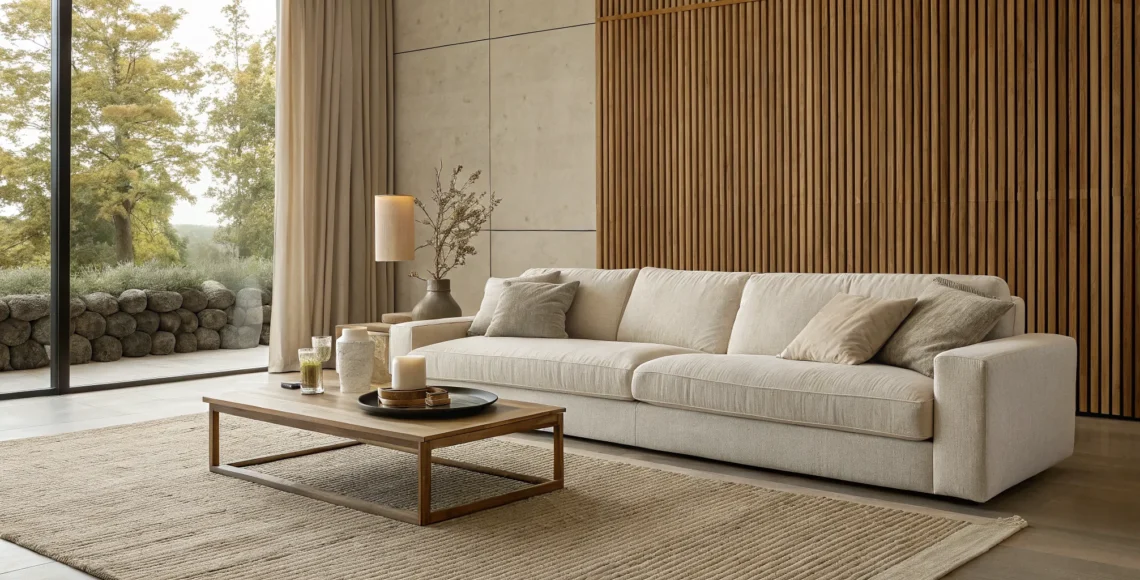 Cozy home interior with a plush sofa and warm wood accents creating an inviting design.