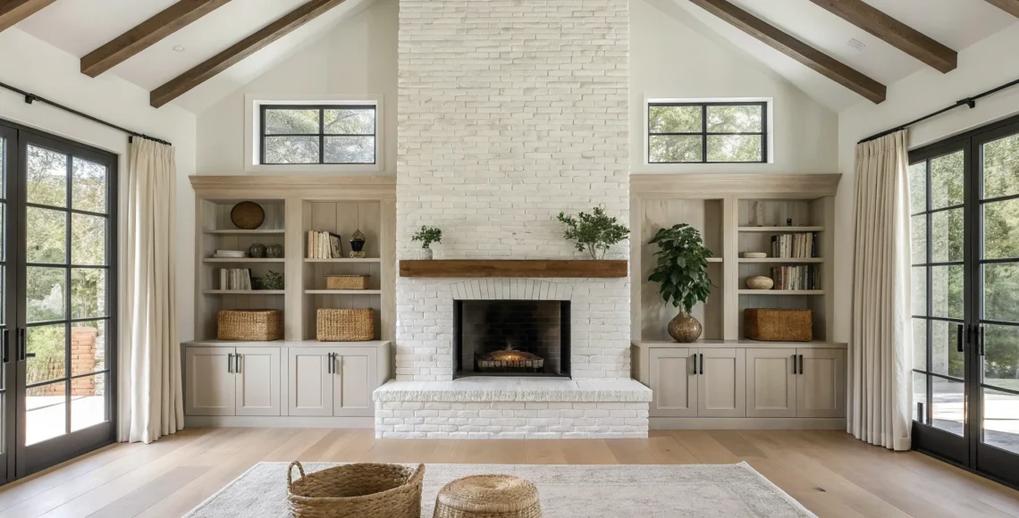 Modern farmhouse living room ideas featuring a white brick fireplace, wood beams, and built-in shelving.