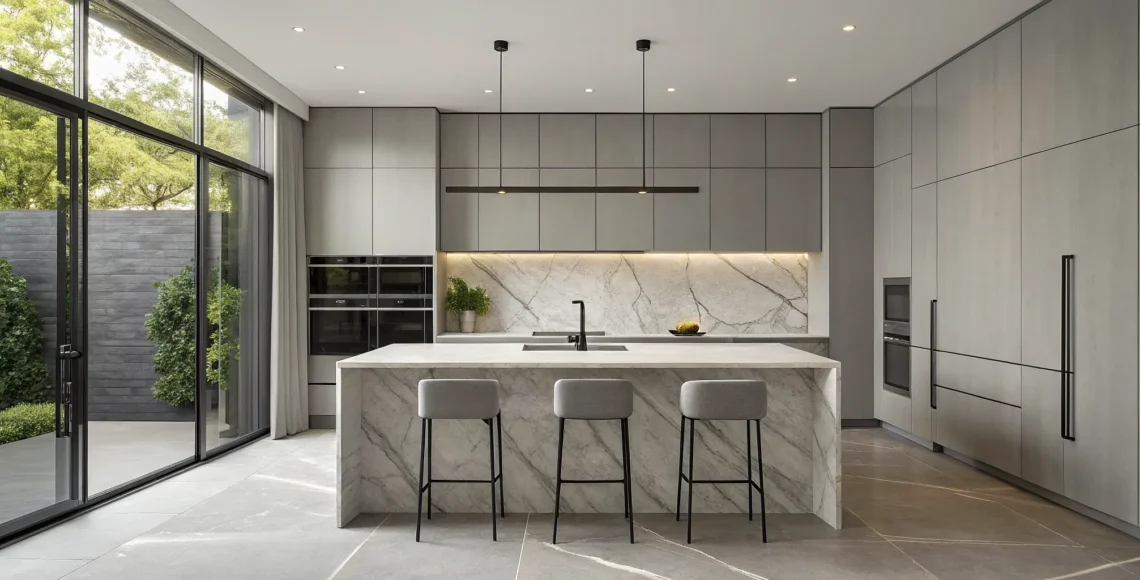 Modern kitchen interior design with sleek grey cabinets and a minimalist marble island.