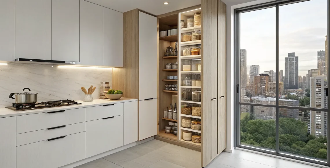 Small kitchen pantry design ideas featuring organized, adjustable shelving and clear storage containers.