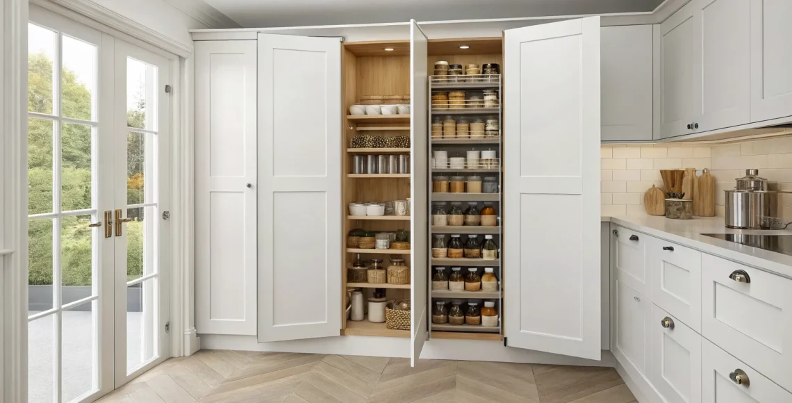 A small pantry design featuring a functional layout with organized shelves and clear containers.