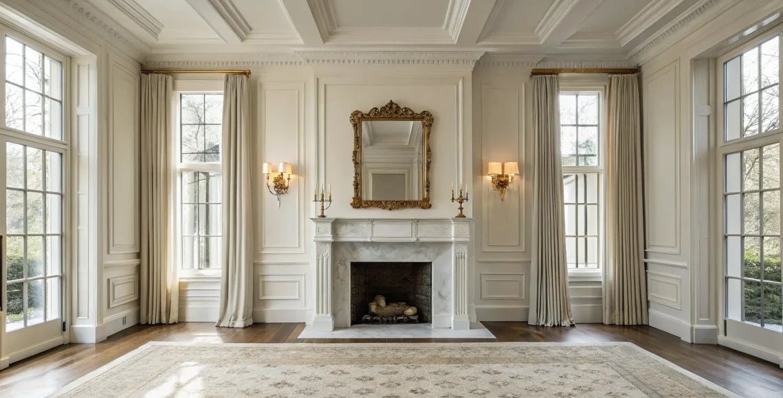 Classic luxury interior design featuring a marble fireplace, ornate mirror, and tall windows in an elegant living room.