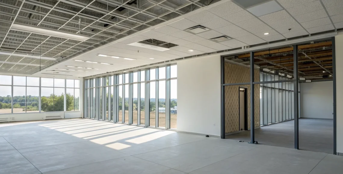 A modern interior built with an open floor plan, clean lines, and industrial construction materials.