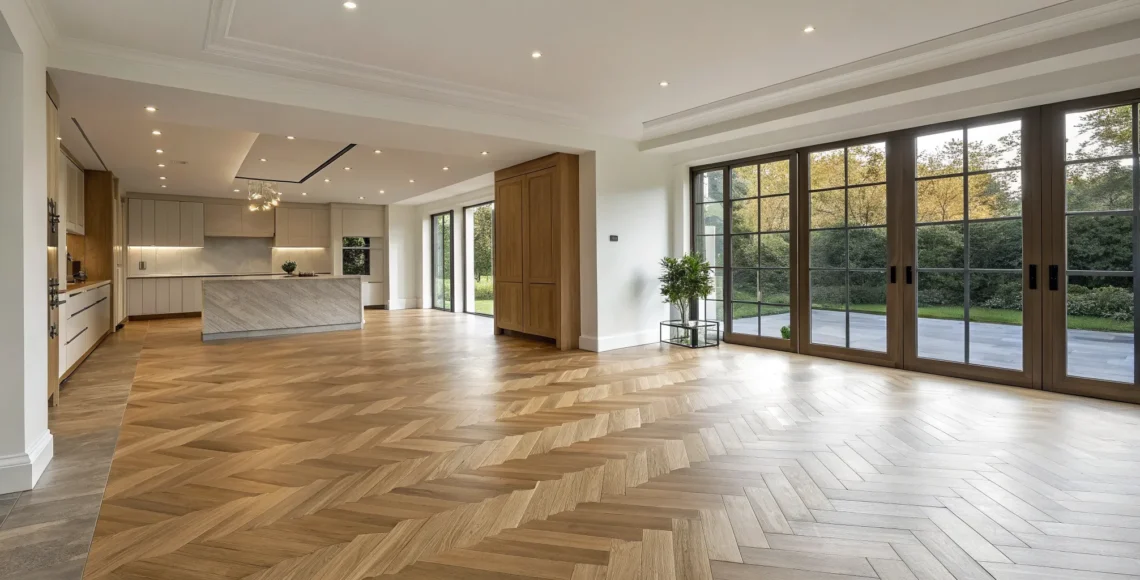Herringbone hardwood flooring in a modern luxury open-concept design.