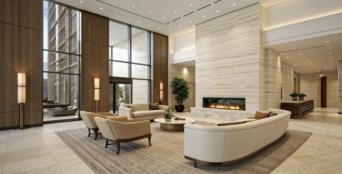 A modern condo common area design idea with cozy seating, a sleek fireplace, and large windows.
