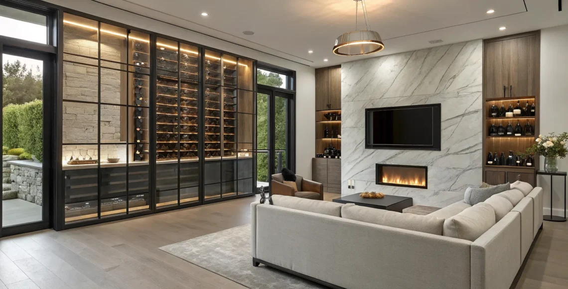 A glass-enclosed wine cellar integrated into a sophisticated living room design.
