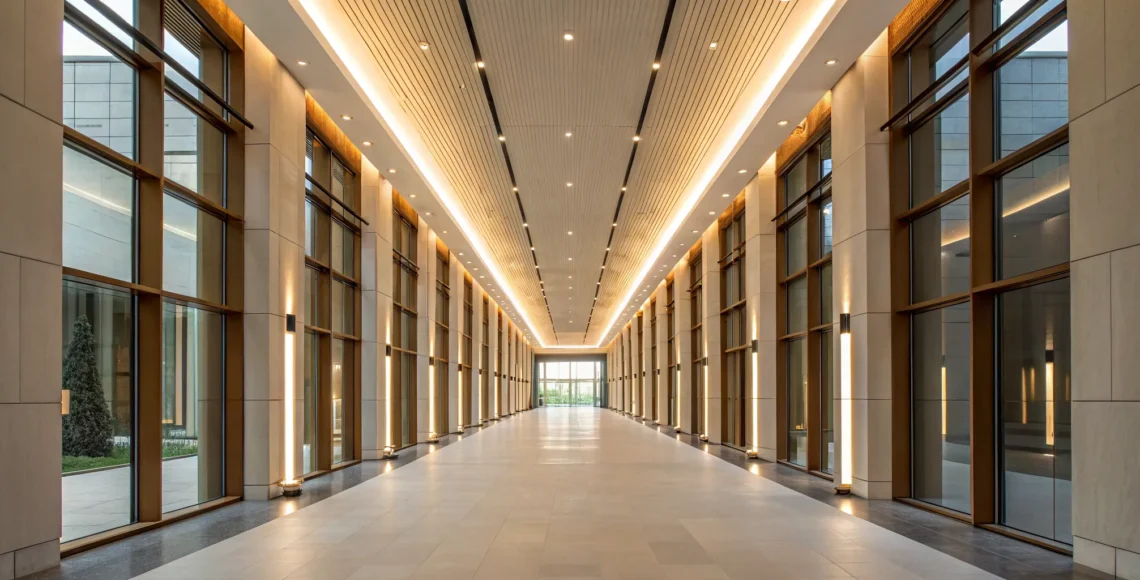 A unique ceiling idea for a modern hallway with recessed lighting and bold linear patterns.