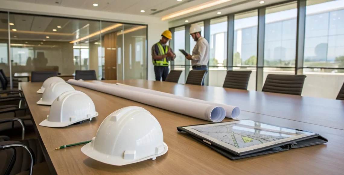 Henderson commercial remodeling contractor discussing project plans and blueprints during a client meeting.