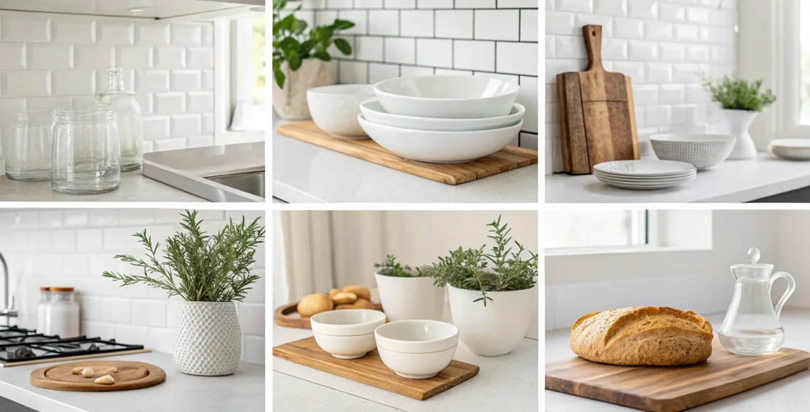 Chic modern apartment kitchen interior design with clean lines and minimalist wood accents.