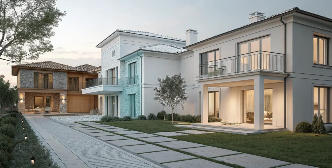 3D rendering of modern residential developments with realistic exteriors and landscaping.
