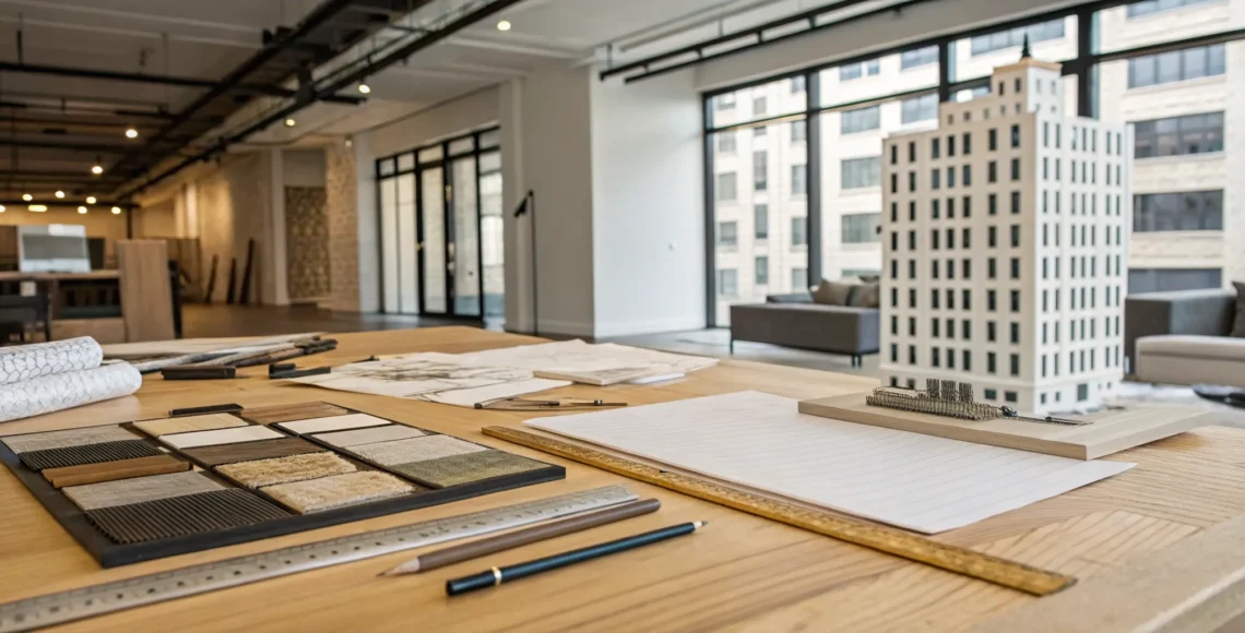 Apartment building interior design services planning with material samples and architectural blueprints.