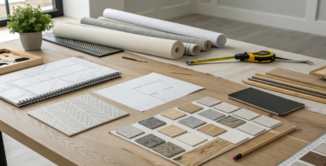 A planning table with material samples and floor plans for an all-in-one home renovation package.