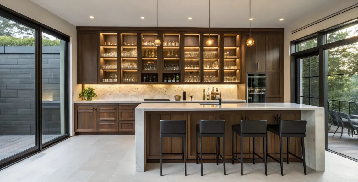 Modern custom home bar design with wood cabinetry, a marble countertop, and integrated lighting.