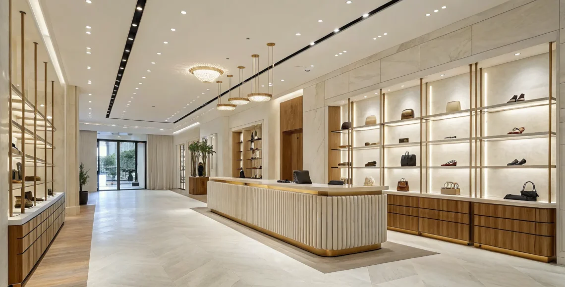 Modern boutique commercial space in Las Vegas featuring custom design, warm lighting, and luxury finishes.