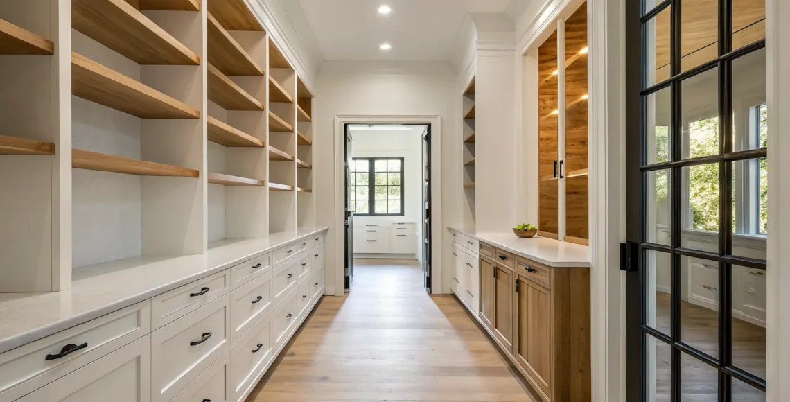 Custom walk-in pantry design with ceiling-height shelves, white cabinetry, and natural wood accents.