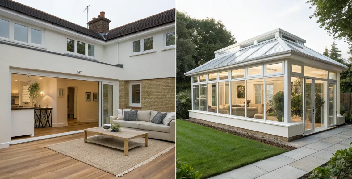 Custom sunroom and conservatory additions featuring large glass windows and elegant, modern designs.