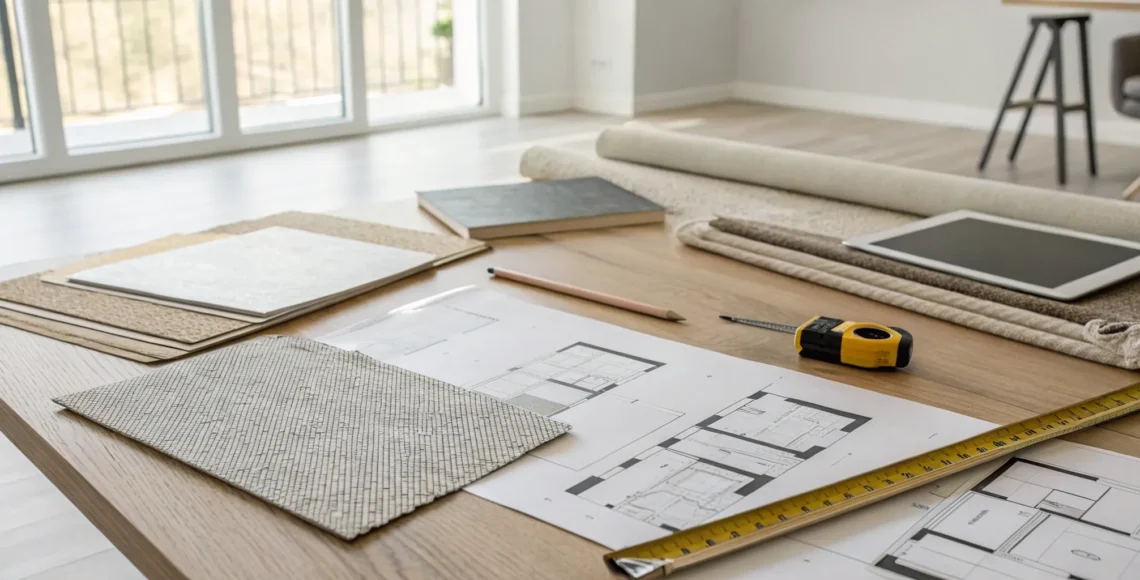 Full home renovation design services with floor plans, material samples, and tools for planning.
