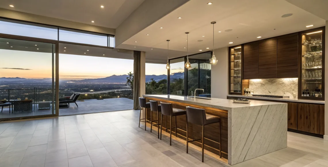Modern custom home bar design with a marble island, wood cabinetry, and Las Vegas city views.