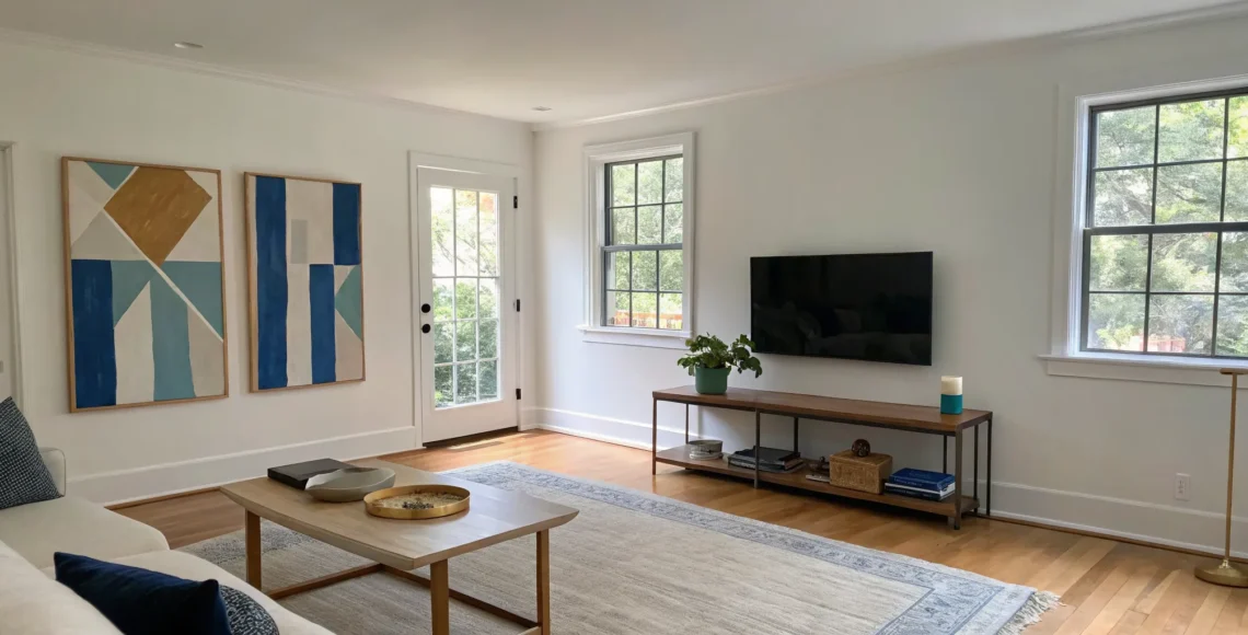 Modern living room featuring custom art sourced for a home remodel.